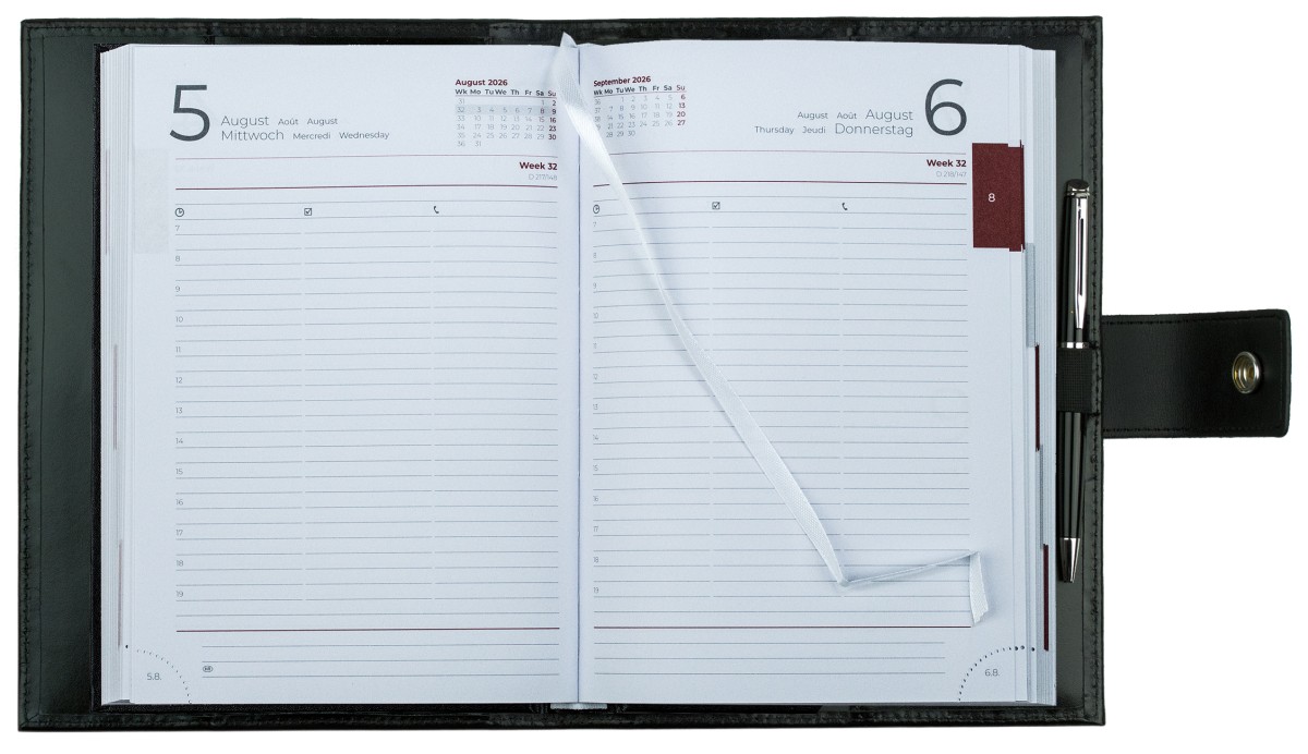 Buchkalender (auswechselbar) DIN A5 für 2026 + 2027, Cambridge Top Grain Leder, schwarz